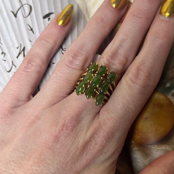 Vintage Heavy Gold Electroplate Green Stone Statement Ring